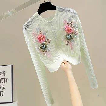Тежка индустрия мъниста Sequined сладък триизмерен цвете с качулка цип жилетка пролетта кратко жените Топ тънък плетен пуловер