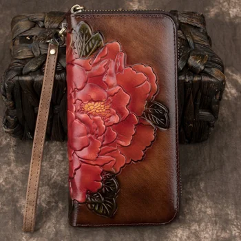 Флорални съединител портфейл цип чанта релефни жени печат женски лични кредитни карти клипове естествена кожа дълга чанта китката пари чанти