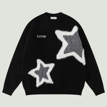 Хип-хоп Y2K плетени пуловери мъжки Harajuku реколта звезда графичен пачуърк джъмпери улично облекло случайни хлабав грозен пуловер двойки