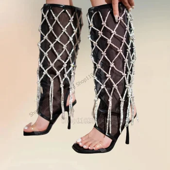 Черна мрежа плетен възел кухи нарязани петата сандали ботуши приплъзване на дамски обувки тънки високи токчета отворени пръсти секси 2023 Сапатос пара муджере
