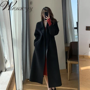 Черно дълго вълнено палто с колан жени елегантен дълъг ръкав плътни цветове палто есен зима топъл джоб темперамент връхни дрехи
