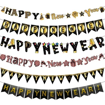 Черно злато Новогодишен банер Cheer 2024 Честита Нова Година Парти декорации Гирлянди Новогодишно парти Гирлянди Консумативи